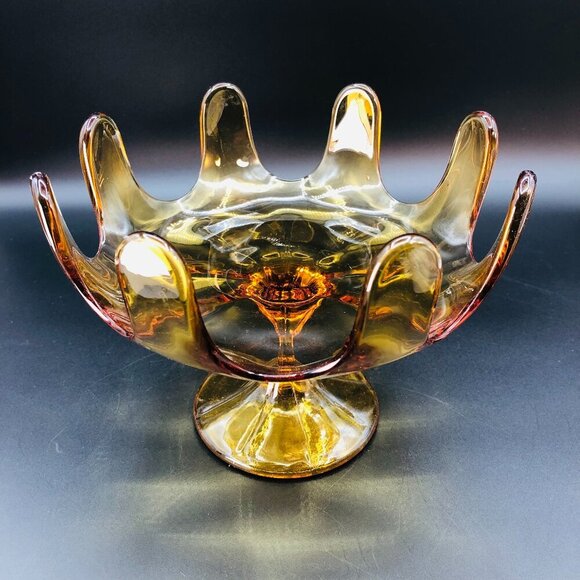 Mid Century Amber Art Glass Pedestal Compote 8 petals Vintage Bowl Centerpiece - Picture 1 of 10